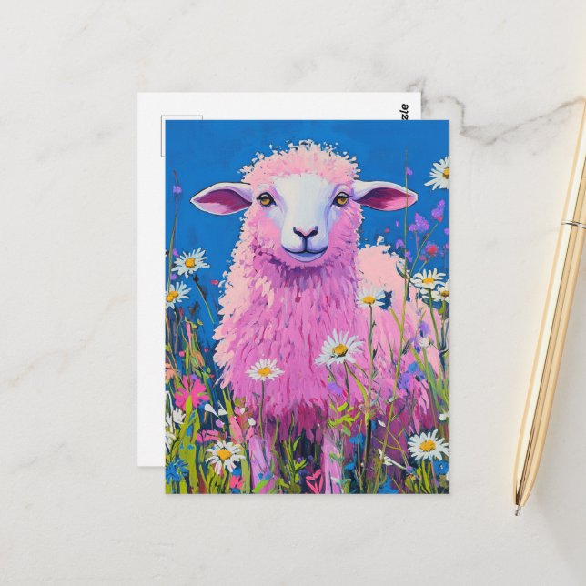 Adorable Pink Sheep in the Flowers Postcard (Front/Back In Situ)