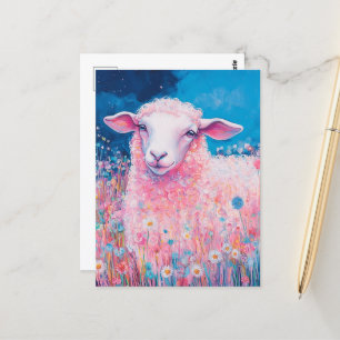 Adorable Pink Sheep in the Flowers Postcard