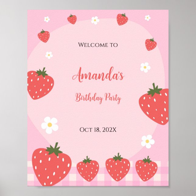 Adorable Pink Strawberry Birthday  Poster (Front)