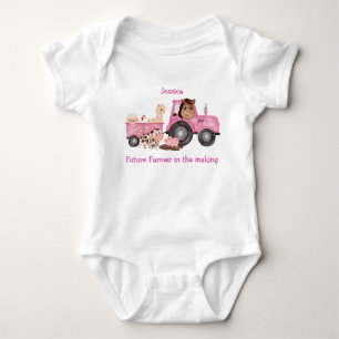 Adorable pink tractor & trailer with farm animals baby bodysuit