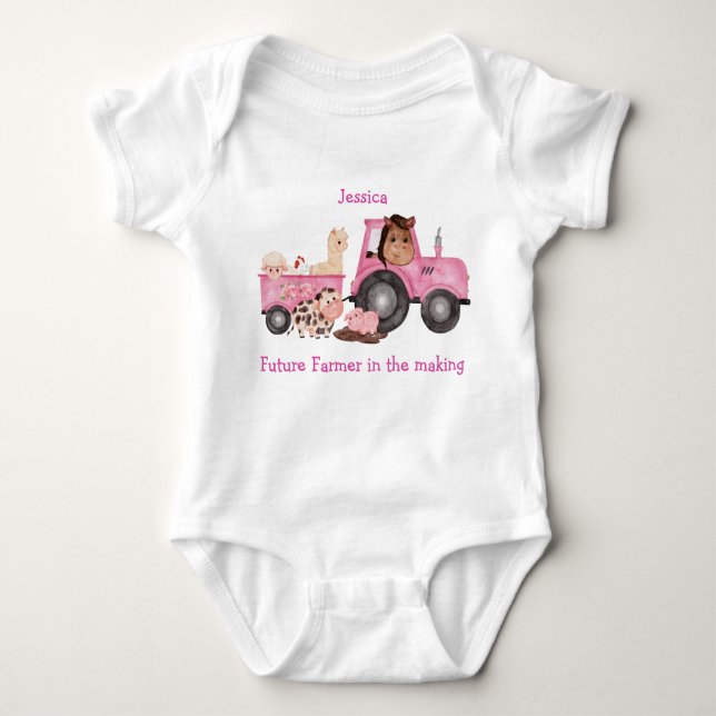 Adorable pink tractor & trailer with farm animals baby bodysuit (Front)