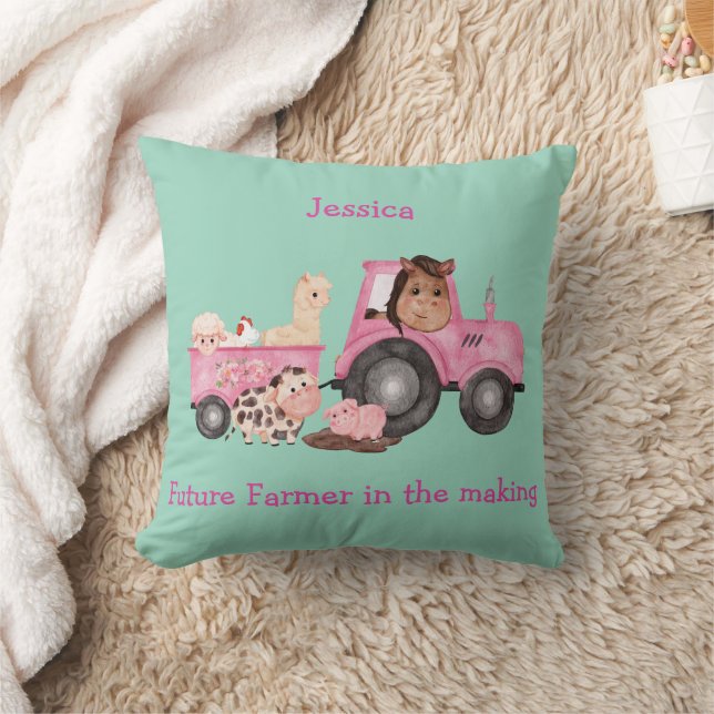 Adorable pink tractor & trailer with farm animals cushion (Blanket)