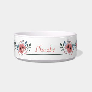 Adorable Pink White Floral Personalised Pet Bowl