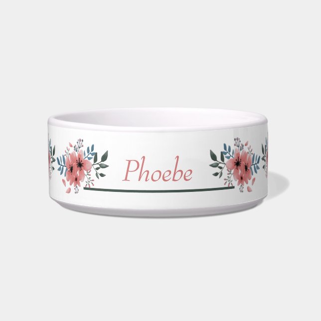 Adorable Pink White Floral Personalised Pet Bowl (Front)