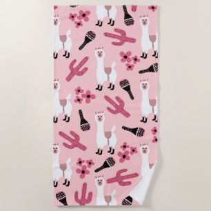 Adorable Pink White Llama Maraca Cactus Floral Beach Towel