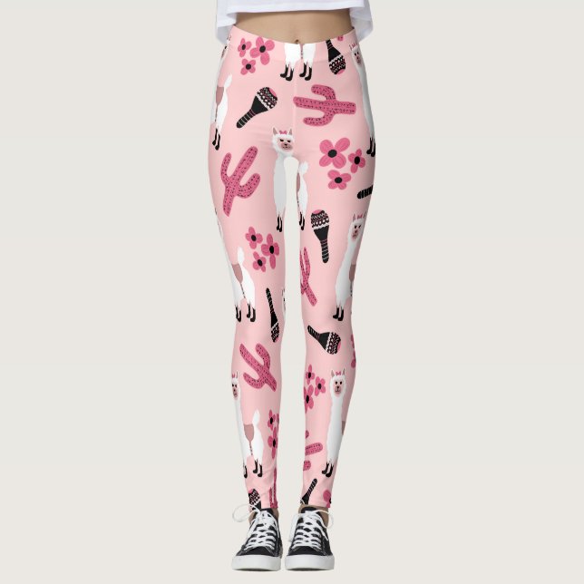 Adorable Pink White Llama Maraca Cactus Floral Leggings (Front)