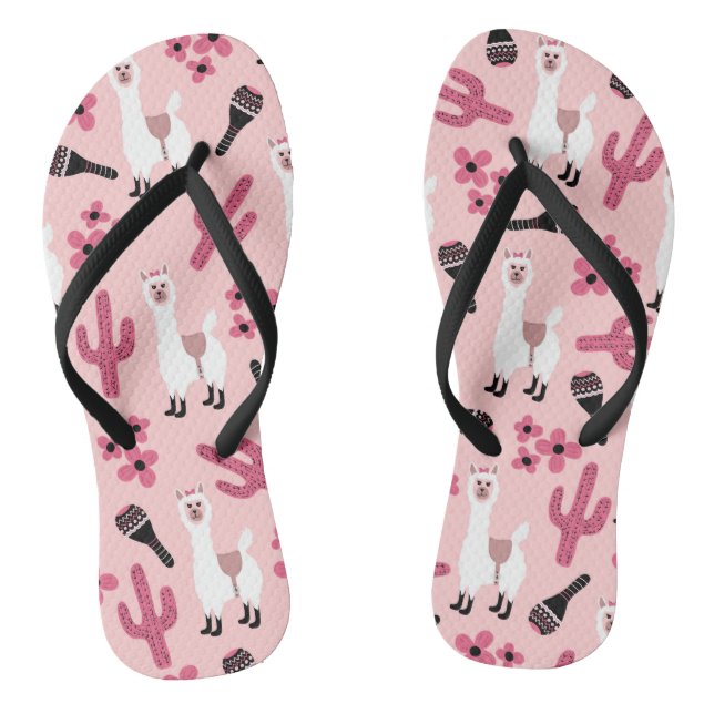 Adorable Pink White Llama Maraca Cactus Floral Thongs (Footbed)