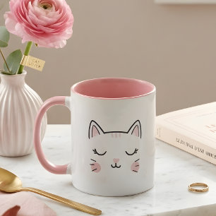 Adorable Pink & White Sleeping Cat Face Mug