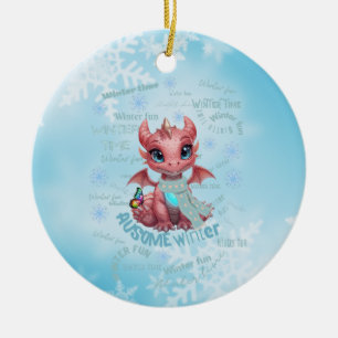 Adorable Pink Winter Dragon – Magical Snowflake Ceramic Ornament