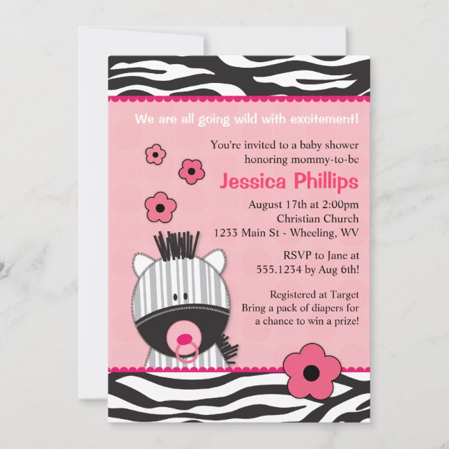 Adorable Pink Zebra Baby Shower Invitations (Front)