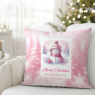 Adorable Pinkmas Snowman Christmas Pillow Decor