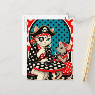 Adorable Pirate Cat and Mouse Coffee Polka Dots Postcard