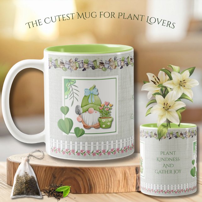 Adorable Plant Kindness Green Garden Chic Gnome Two-Tone Coffee Mug (This charming ceramic mug is the ultimate gift for anyone who loves gardening! )