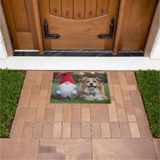 Adorable Plush Gnome and Fluffy Dog Lying in Grass Doormat