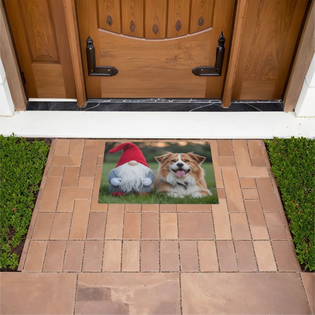 Adorable Plush Gnome and Fluffy Dog Lying in Grass Doormat (Outdoor)