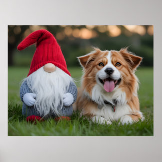 Adorable Plush Gnome and Fluffy Dog Lying in Grass Poster