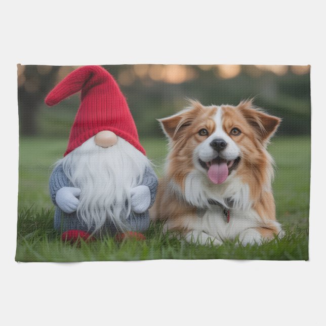 Adorable Plush Gnome and Fluffy Dog Lying in Grass Tea Towel (Horizontal)
