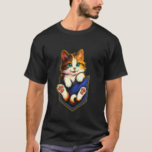 Adorable Pocket Cat With Blue Jeans Look T-Shirt