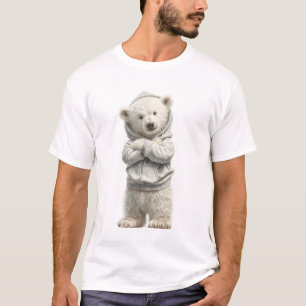 Adorable Polar Bear Cub in White Hoodie T-Shirt