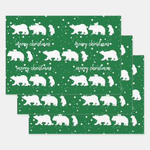 Adorable Polar Bear Family Christmas Green Wrapping Paper Sheet