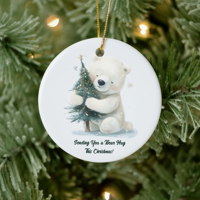 Adorable Polar Bear Hugging Christmas Tree, Cute  Ceramic Ornament (Tree)