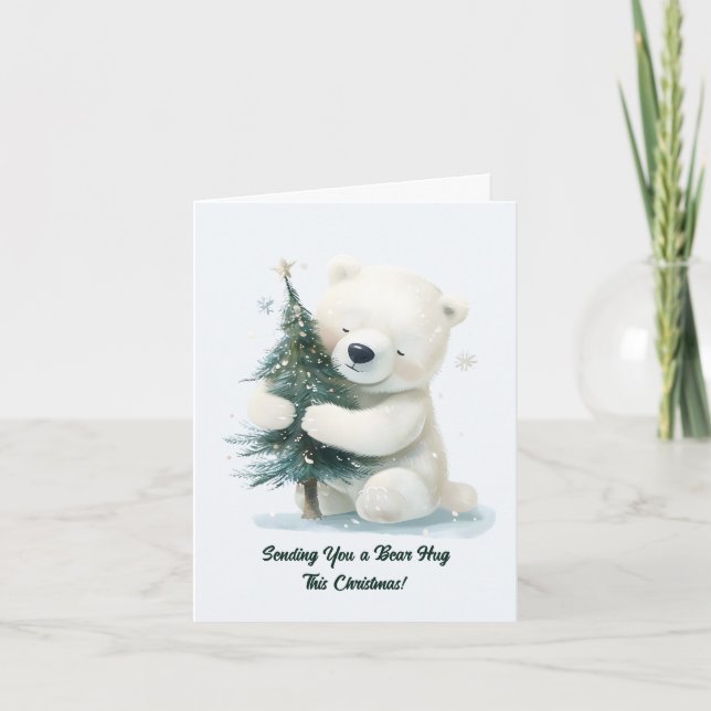 Adorable Polar Bear Hugging Christmas Tree, Cute  Holiday Card (Front)