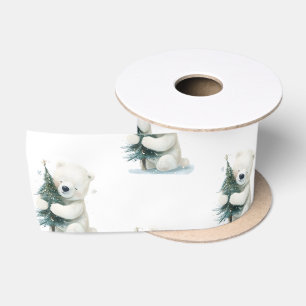 Adorable Polar Bear Hugging Christmas Tree, Cute  Satin Ribbon