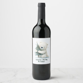 Adorable Polar Bear Hugging Christmas Tree, Cute  Wine Label
