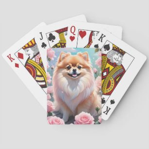 Adorable Pomeranian Blooming Pink Roses Playing Cards