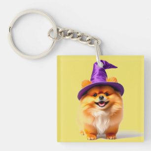 Adorable Pomeranian Puppy Wearing Witch Hat Key Ring