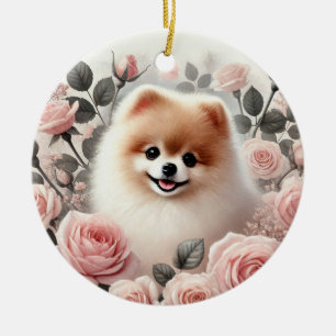Adorable Pomeranian Surrounded by Pink Roses Ceramic Ornament