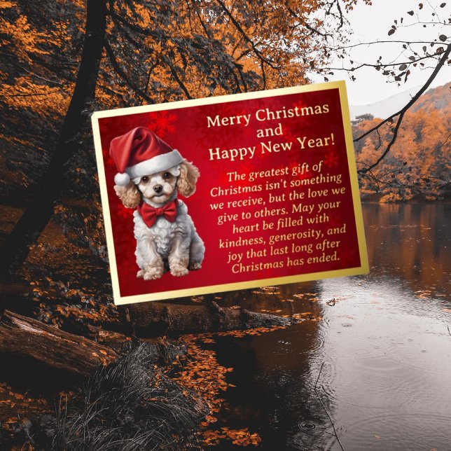 Adorable Poodle in Santa Hat Foil Post Card (Creator Uploaded)