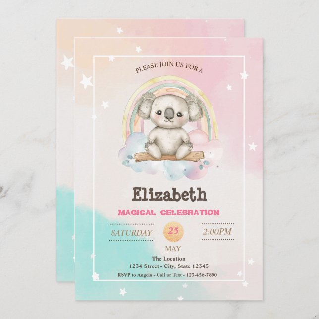 Adorable Pretty Koala Rainbow Birthday Invitation (Front/Back)