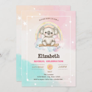 Adorable Pretty Koala Rainbow Birthday Invitation