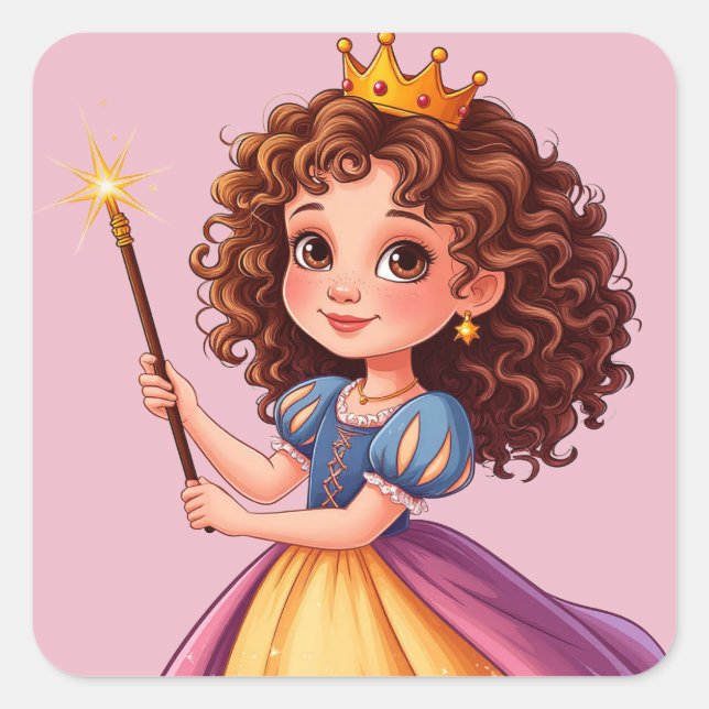 Adorable Princess Holding Magic Wand Square Sticker (Front)