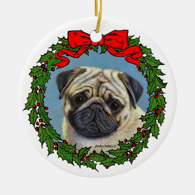 Adorable Pug Art by Glenda S. Harlan Ceramic Ornament (Front)
