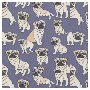 Adorable Pug Fabric on Blue Background