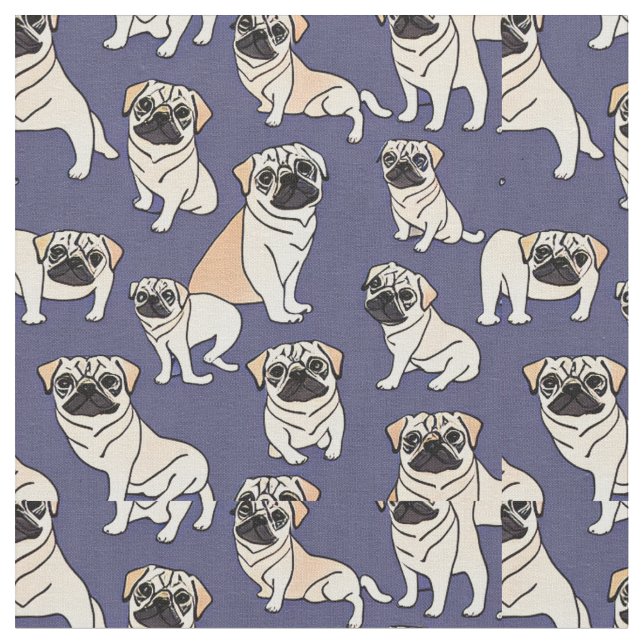 Adorable Pug Fabric on Blue Background (Close Up)