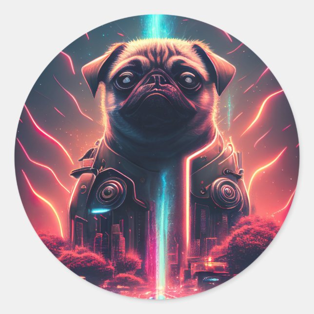 Adorable Pug in Futuristic Robot Costume Classic Round Sticker (Front)