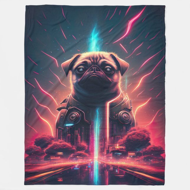 Adorable Pug in Futuristic Robot Costume Fleece Blanket (Front)