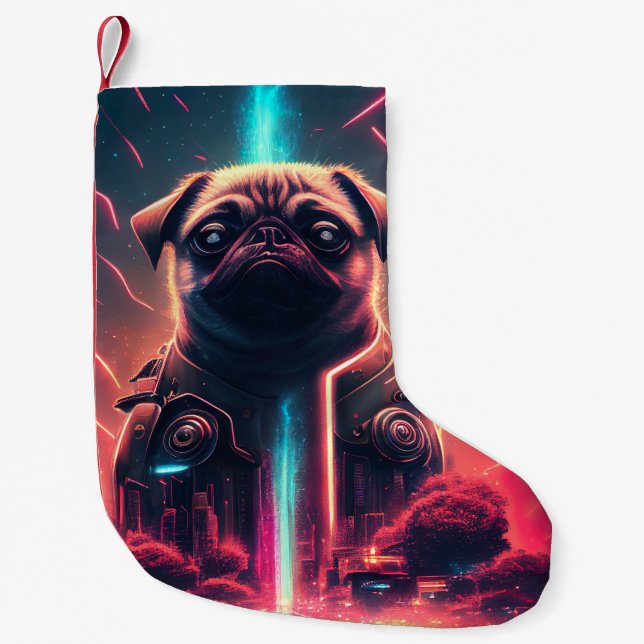 Adorable Pug in Futuristic Robot Costume Small Christmas Stocking (Front)