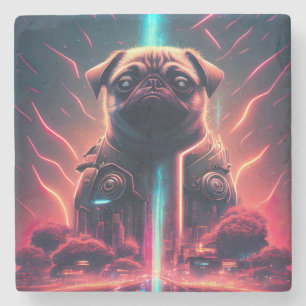 Adorable Pug in Futuristic Robot Costume Stone Coaster