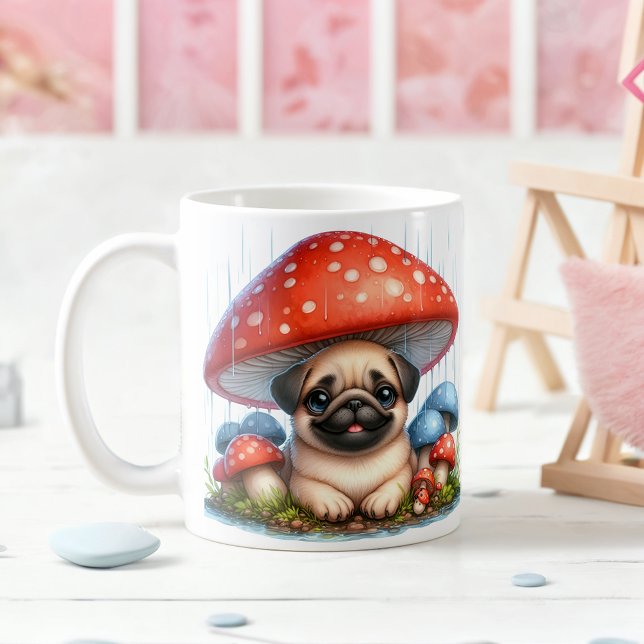 Adorable Pug Puppy Under Mushroom Umbrella Coffee Mug (Creator Uploaded)
