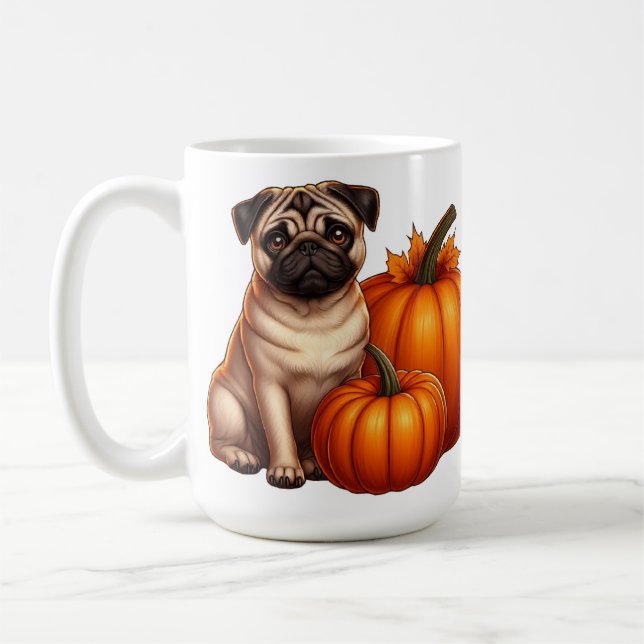 Adorable Pug Sitting Next to Pumpkins and Leaves Coffee Mug (Left)