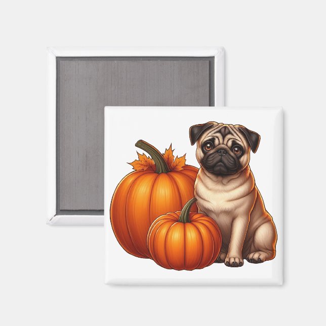 Adorable Pug Sitting Next to Pumpkins and Leaves Magnet (Front/Back)