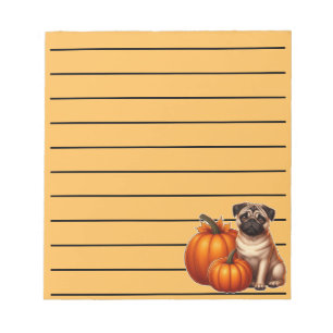 Adorable Pug Sitting Next to Pumpkins and Leaves Notepad