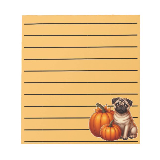 Adorable Pug Sitting Next to Pumpkins and Leaves Notepad (Front)