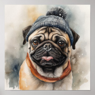 Adorable pug wearing cute beanie poster