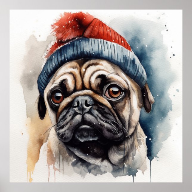 Adorable pug wearing cute winter hat  poster (Front)