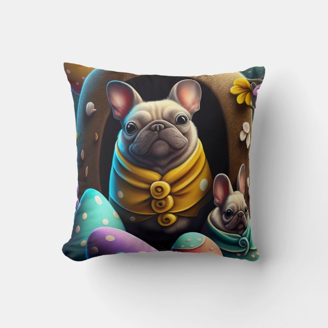 Adorable Pug with Easter Eggs A Festive and Cute Cushion (Front)